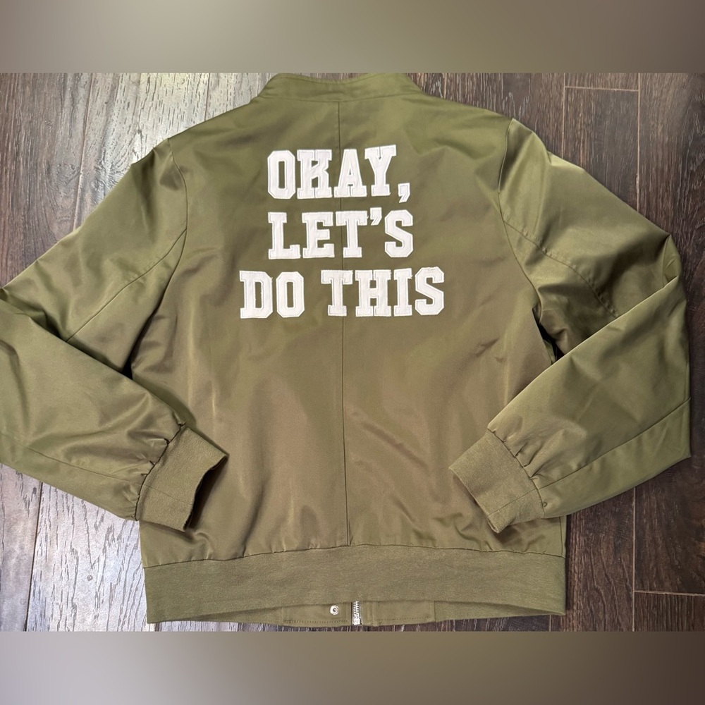 Women's Khaki Bomber Jacket with Motivational Text - Picture 1 of 5